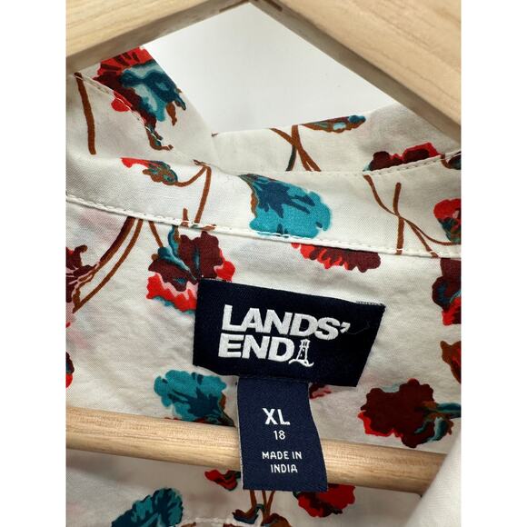 Lands' End Top Women XL White Blue Ombre Floral Print Button Down 100% Cotton - Picture 6 of 10